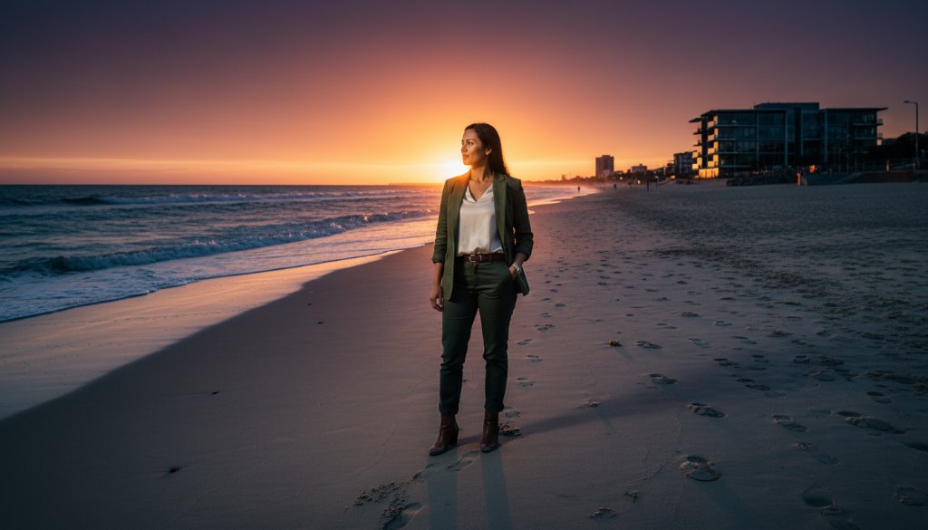 Dynamic wide shot capturing a confident business professional at sunset on Chelsea Beach, Victoria, with a modern office building in the background, symbolising success and elevating Chelsea corporate profiles Victoria, professionally colour-graded.