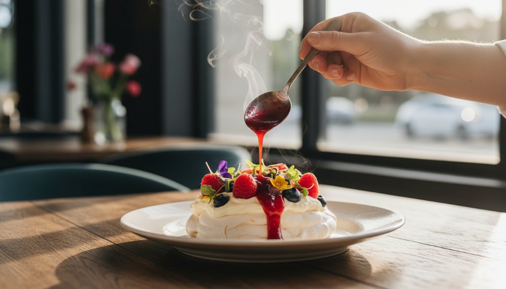 An exquisite close-up of a perfectly plated gourmet dish, possibly a vibrant salad or a decadent dessert, dramatically lit to highlight textures and colours, on a rustic wooden table in a chic Chelsea Heights cafe setting, showcasing the artistry of elevating Chelsea Heights eatery menus with professional food photography. The image captures steam rising or a delicate garnish being added, creating a dynamic, mouth-watering moment, professionally colour-graded and cinematic.