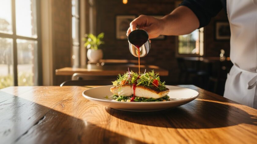 Dramatic overhead shot capturing a perfectly styled brunch spread on a rustic wooden table at a sunlit Cobram cafe, highlighting the artistry involved in elevating Cobram cafe menus with professional food photography.