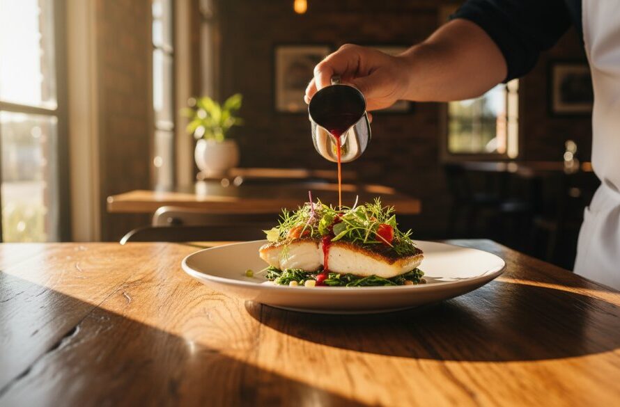 Dramatic overhead shot capturing a perfectly styled brunch spread on a rustic wooden table at a sunlit Cobram cafe, highlighting the artistry involved in elevating Cobram cafe menus with professional food photography.