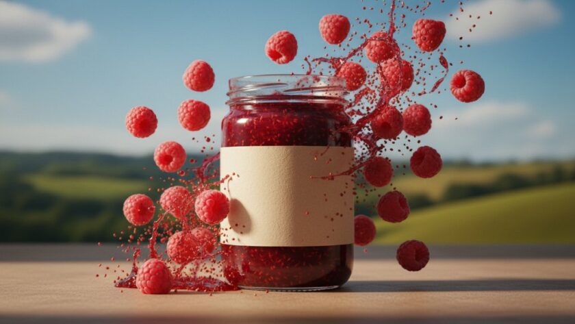 A dramatic, perfectly lit studio shot of an artisan jam jar, with rich berry colours exploding behind it, symbolizing Elevating Colac local product photography for small businesses, showcasing its rustic charm and gourmet quality against a blurred backdrop reminiscent of Colac's lush landscapes.