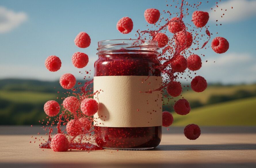 A dramatic, perfectly lit studio shot of an artisan jam jar, with rich berry colours exploding behind it, symbolizing Elevating Colac local product photography for small businesses, showcasing its rustic charm and gourmet quality against a blurred backdrop reminiscent of Colac's lush landscapes.
