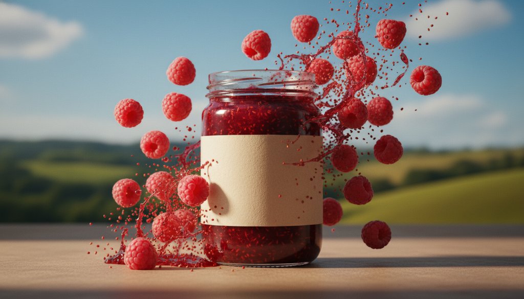 A dramatic, perfectly lit studio shot of an artisan jam jar, with rich berry colours exploding behind it, symbolizing Elevating Colac local product photography for small businesses, showcasing its rustic charm and gourmet quality against a blurred backdrop reminiscent of Colac's lush landscapes.