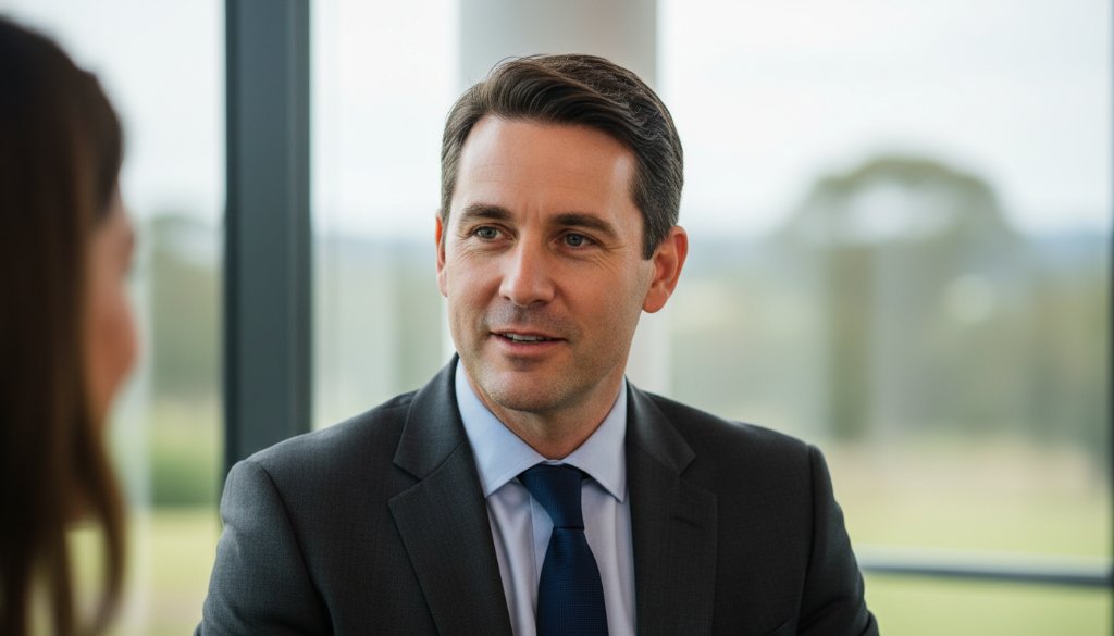 A powerful, cinematic close-up of a confident female business leader smiling genuinely, natural light framing her face, with a subtle, modern office interior of Beaconsfield visible in the soft background, perfect for elevating corporate headshots Beaconsfield VIC business leaders.