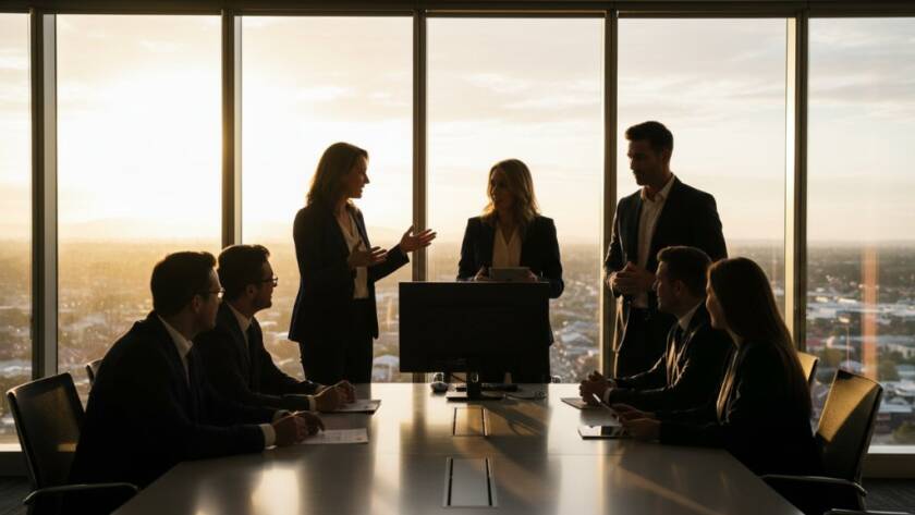 Dynamic wide-angle shot of a diverse business team in a modern Doncaster office, confidently collaborating with impressive city views through large windows, embodying 'elevating corporate headshots Doncaster businesses professional image' with dramatic backlighting and a vibrant, professional aesthetic.