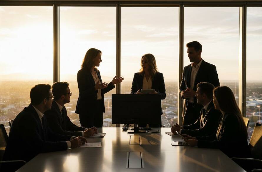 Dynamic wide-angle shot of a diverse business team in a modern Doncaster office, confidently collaborating with impressive city views through large windows, embodying 'elevating corporate headshots Doncaster businesses professional image' with dramatic backlighting and a vibrant, professional aesthetic.