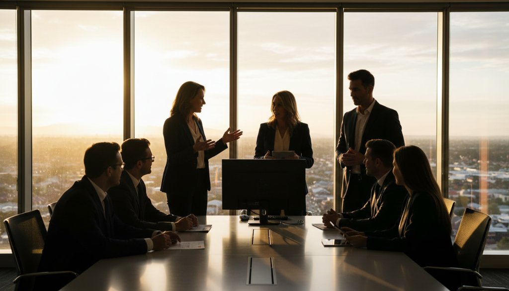 Dynamic wide-angle shot of a diverse business team in a modern Doncaster office, confidently collaborating with impressive city views through large windows, embodying 'elevating corporate headshots Doncaster businesses professional image' with dramatic backlighting and a vibrant, professional aesthetic.