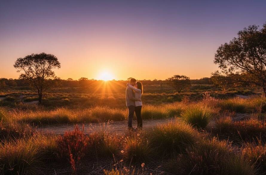 An exquisite fine art photograph capturing a couple silhouetted against a dramatic sunset over Cranbourne's rolling hills, exemplifying elevating Cranbourne moments with bespoke fine art photography.