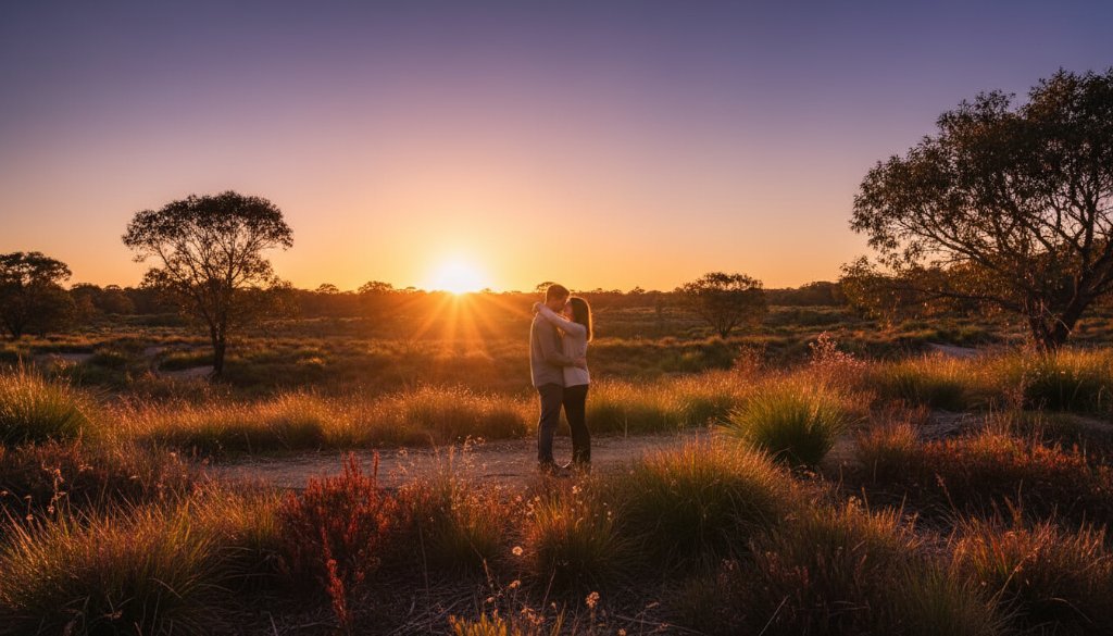 An exquisite fine art photograph capturing a couple silhouetted against a dramatic sunset over Cranbourne's rolling hills, exemplifying elevating Cranbourne moments with bespoke fine art photography.