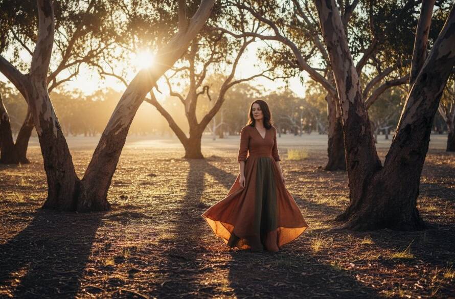 A stunning fine art portrait showcasing a woman in elegant, flowing attire amidst the natural beauty of a dappled forest clearing in Croydon South, bathed in dramatic golden hour light, exuding an 'epic moment' of serene power. Elevating Croydon South fine art photography portraits through captivating artistry.