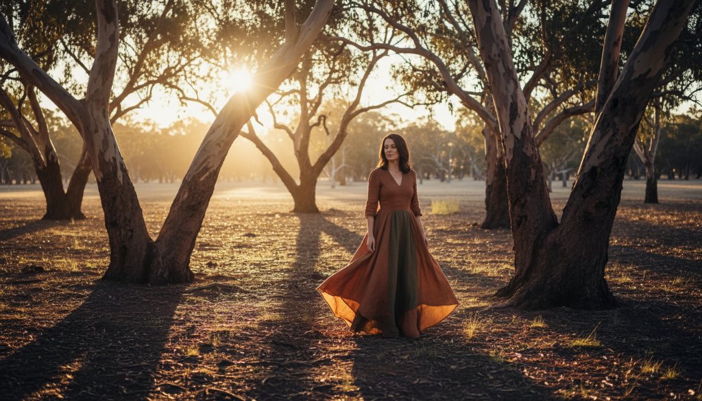 A stunning fine art portrait showcasing a woman in elegant, flowing attire amidst the natural beauty of a dappled forest clearing in Croydon South, bathed in dramatic golden hour light, exuding an 'epic moment' of serene power. Elevating Croydon South fine art photography portraits through captivating artistry.