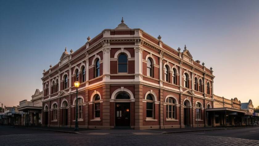 Dramatic golden hour photograph showcasing the intricate facade of a heritage building in Croydon, Victoria, bathed in warm light with long shadows, perfectly illustrating the art of Elevating Croydon's historic architecture through photography.