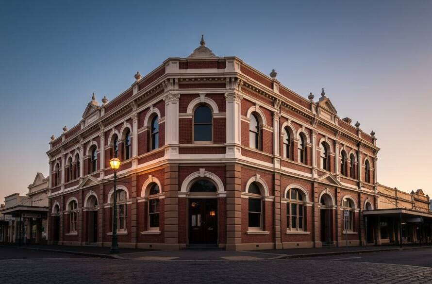 Dramatic golden hour photograph showcasing the intricate facade of a heritage building in Croydon, Victoria, bathed in warm light with long shadows, perfectly illustrating the art of Elevating Croydon's historic architecture through photography.
