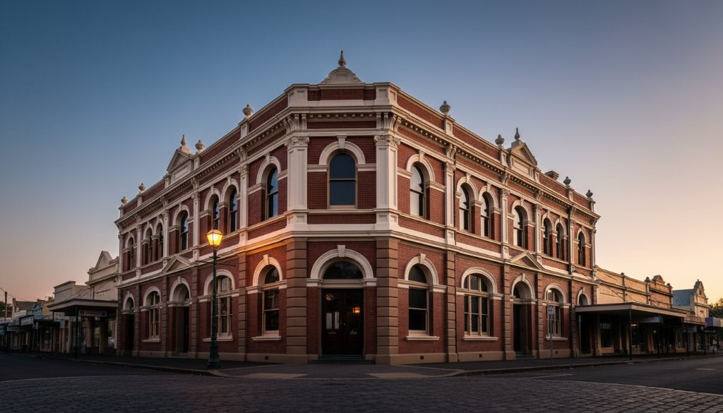 Dramatic golden hour photograph showcasing the intricate facade of a heritage building in Croydon, Victoria, bathed in warm light with long shadows, perfectly illustrating the art of Elevating Croydon's historic architecture through photography.