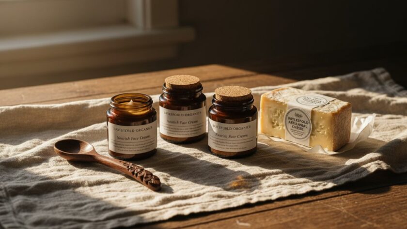 A beautifully composed flat lay showcasing intricate, handcrafted artisan products from Daylesford, bathed in soft, natural window light, emphasizing textures and details. This 'epic moment' captures the essence of Elevating Daylesford Artisan Products Photography, ready for a high-end marketing campaign.