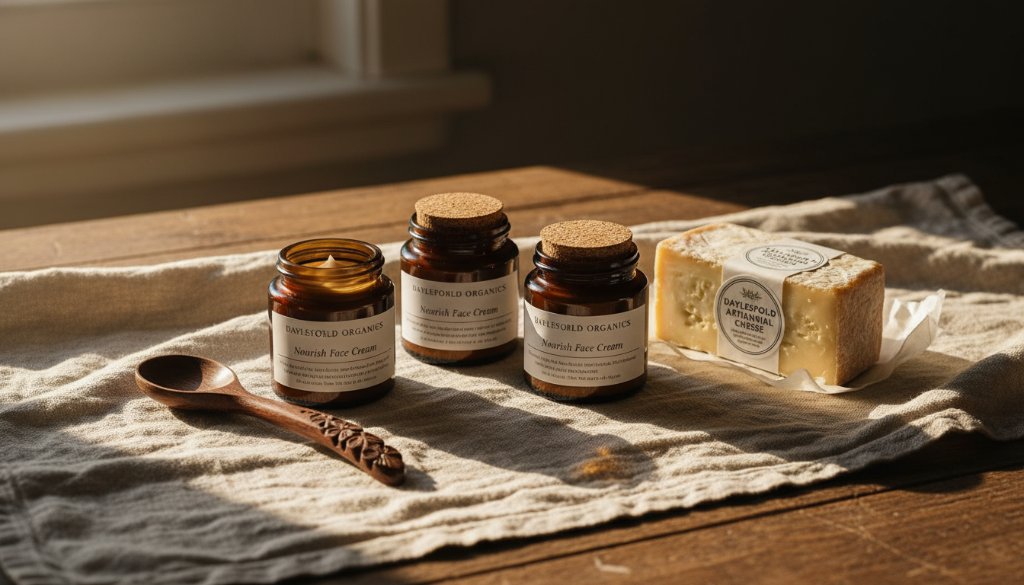 A beautifully composed flat lay showcasing intricate, handcrafted artisan products from Daylesford, bathed in soft, natural window light, emphasizing textures and details. This 'epic moment' captures the essence of Elevating Daylesford Artisan Products Photography, ready for a high-end marketing campaign.