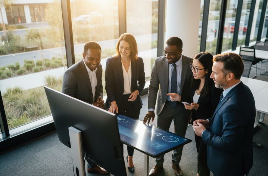 A dynamic, wide-angle shot of a confident business leader shaking hands with a client in a modern, light-filled office space in Delacombe, subtly hinting at the positive impact of elevating Delacombe brand presence with corporate photography, captured with dramatic, cinematic lighting.