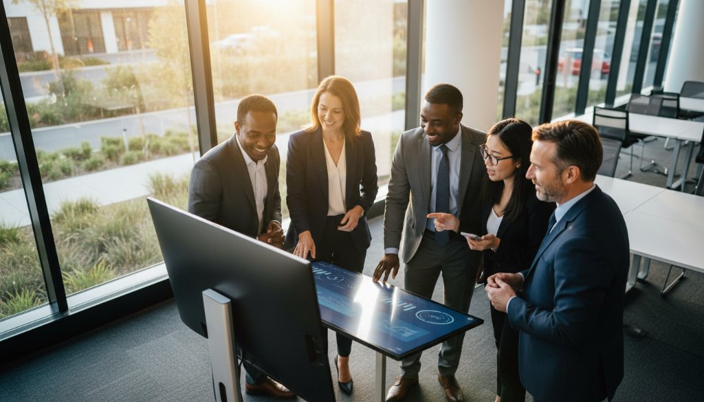 A dynamic, wide-angle shot of a confident business leader shaking hands with a client in a modern, light-filled office space in Delacombe, subtly hinting at the positive impact of elevating Delacombe brand presence with corporate photography, captured with dramatic, cinematic lighting.