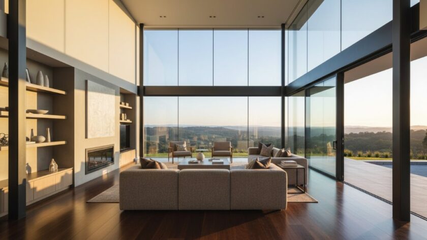 A wide-angle, cinematic photograph showcasing a modern, light-filled living room in Eureka, Victoria, bathed in golden hour sunlight, with dramatic shadows and a stunning view of rolling hills outside, perfectly illustrating elevating Eureka Victoria property listings through professional photography.