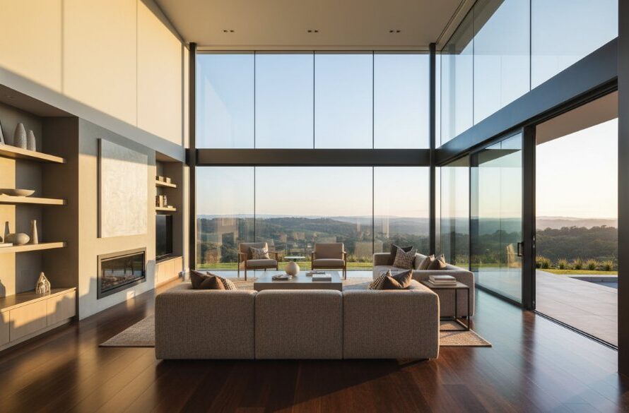 A wide-angle, cinematic photograph showcasing a modern, light-filled living room in Eureka, Victoria, bathed in golden hour sunlight, with dramatic shadows and a stunning view of rolling hills outside, perfectly illustrating elevating Eureka Victoria property listings through professional photography.