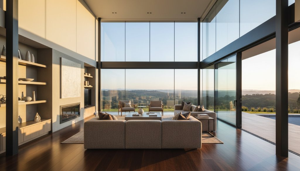 A wide-angle, cinematic photograph showcasing a modern, light-filled living room in Eureka, Victoria, bathed in golden hour sunlight, with dramatic shadows and a stunning view of rolling hills outside, perfectly illustrating elevating Eureka Victoria property listings through professional photography.