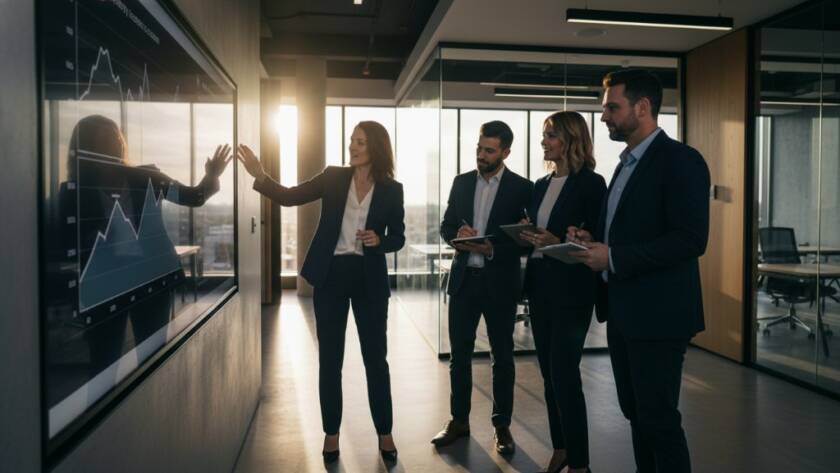 A dynamic, cinematic photograph capturing a diverse team of professionals collaborating enthusiastically in a modern Frankston North office, showcasing the impact of elevating Frankston North corporate branding photography with dramatic, professional lighting and a vibrant colour palette.