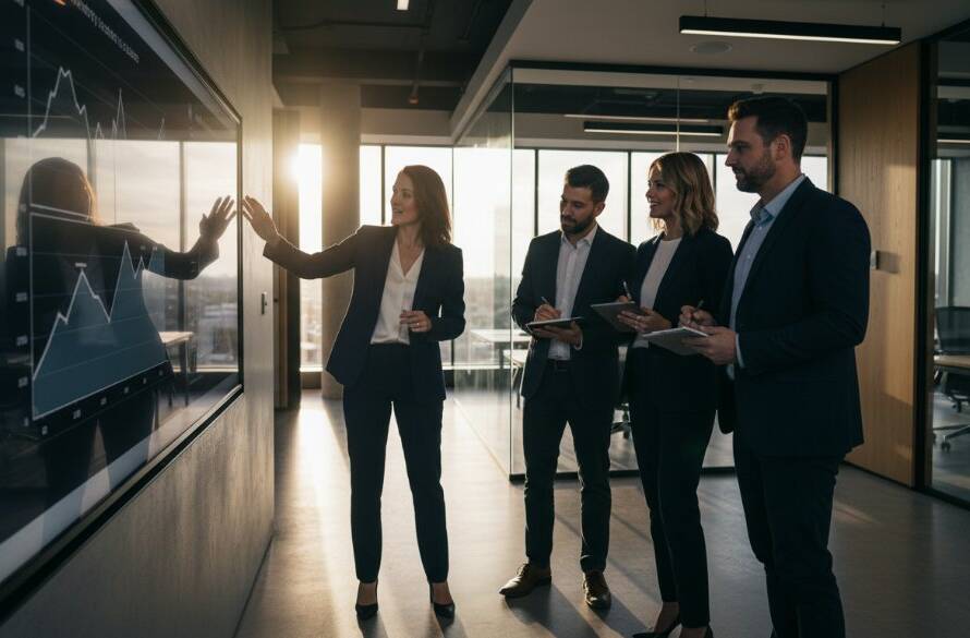 A dynamic, cinematic photograph capturing a diverse team of professionals collaborating enthusiastically in a modern Frankston North office, showcasing the impact of elevating Frankston North corporate branding photography with dramatic, professional lighting and a vibrant colour palette.