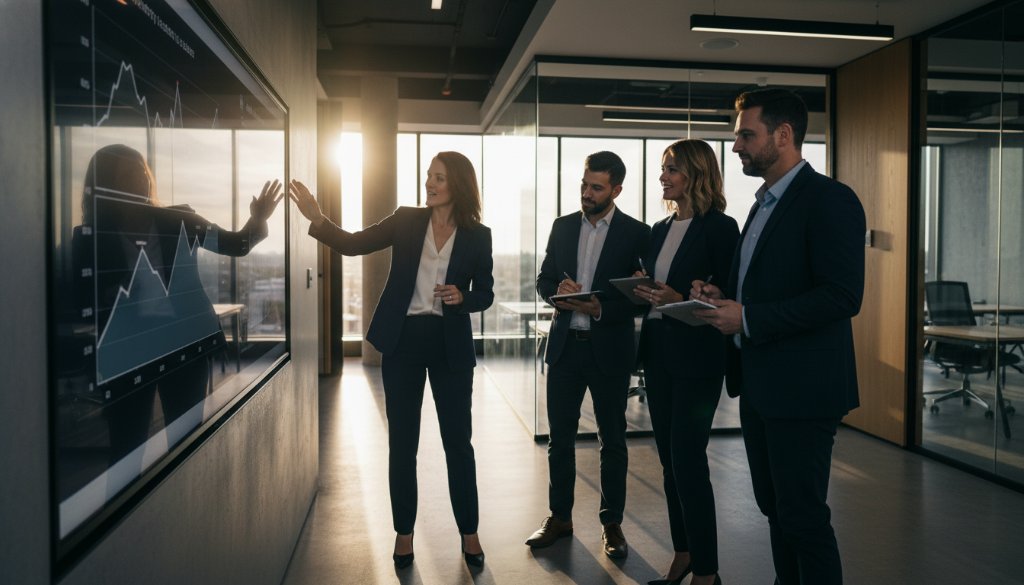 A dynamic, cinematic photograph capturing a diverse team of professionals collaborating enthusiastically in a modern Frankston North office, showcasing the impact of elevating Frankston North corporate branding photography with dramatic, professional lighting and a vibrant colour palette.