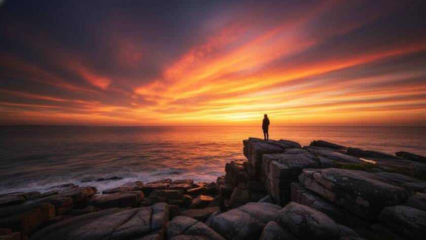 A dramatic and serene fine art photograph depicting the sunrise over the Frankston South coastline, with a lone figure silhouetted against the golden light, perfectly elevating Frankston South homes with fine art photography and showcasing the region's natural beauty.