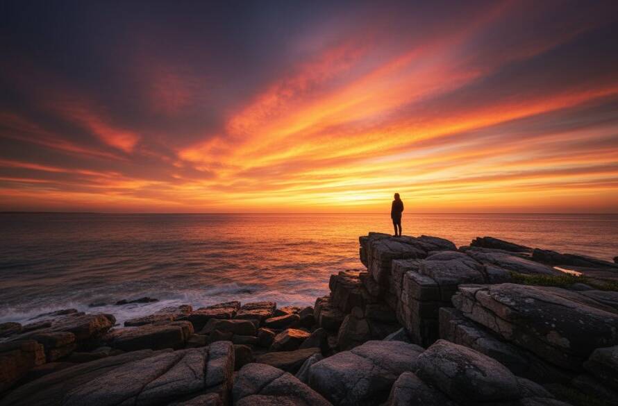 A dramatic and serene fine art photograph depicting the sunrise over the Frankston South coastline, with a lone figure silhouetted against the golden light, perfectly elevating Frankston South homes with fine art photography and showcasing the region's natural beauty.