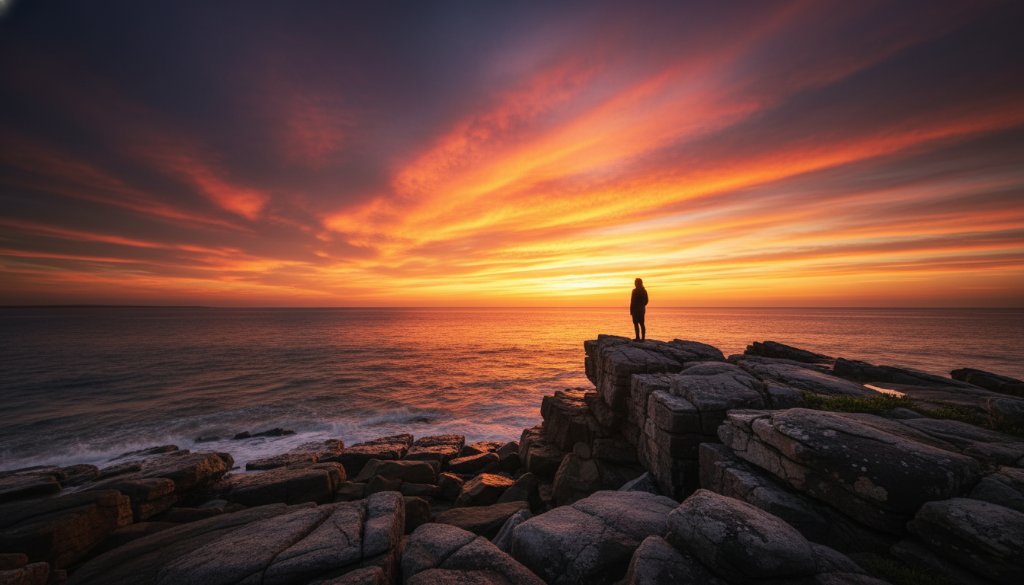 A dramatic and serene fine art photograph depicting the sunrise over the Frankston South coastline, with a lone figure silhouetted against the golden light, perfectly elevating Frankston South homes with fine art photography and showcasing the region's natural beauty.