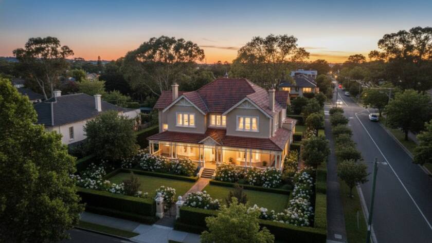 An aerial shot capturing an immaculately staged luxury home in Gardenvale at twilight, with interior lights glowing warmly and the street bathed in golden hour light, demonstrating the power of elevating Gardenvale property listings with professional real estate photography.