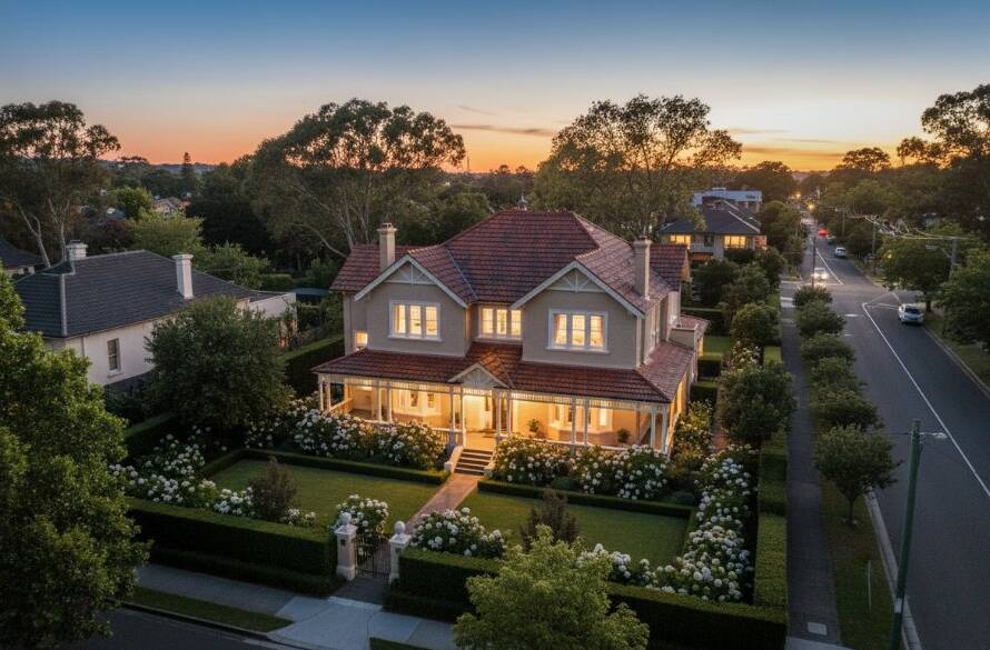 An aerial shot capturing an immaculately staged luxury home in Gardenvale at twilight, with interior lights glowing warmly and the street bathed in golden hour light, demonstrating the power of elevating Gardenvale property listings with professional real estate photography.