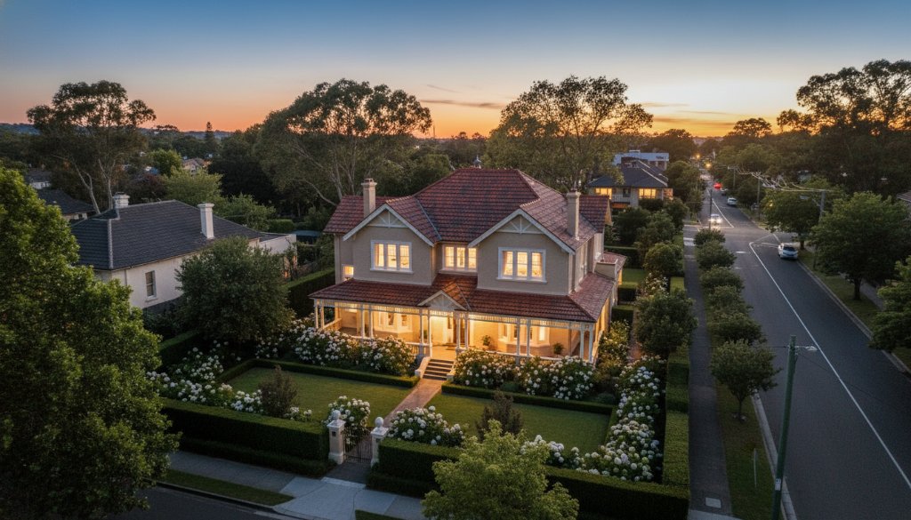 An aerial shot capturing an immaculately staged luxury home in Gardenvale at twilight, with interior lights glowing warmly and the street bathed in golden hour light, demonstrating the power of elevating Gardenvale property listings with professional real estate photography.