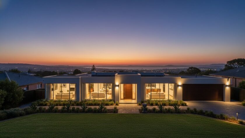 Dramatic wide-angle shot of a stunning modern home in Hamlyn Heights at twilight, showcasing its illuminated facade, meticulously manicured garden, and a clear evening sky, perfectly illustrating elevating Hamlyn Heights property listings with professional photography.