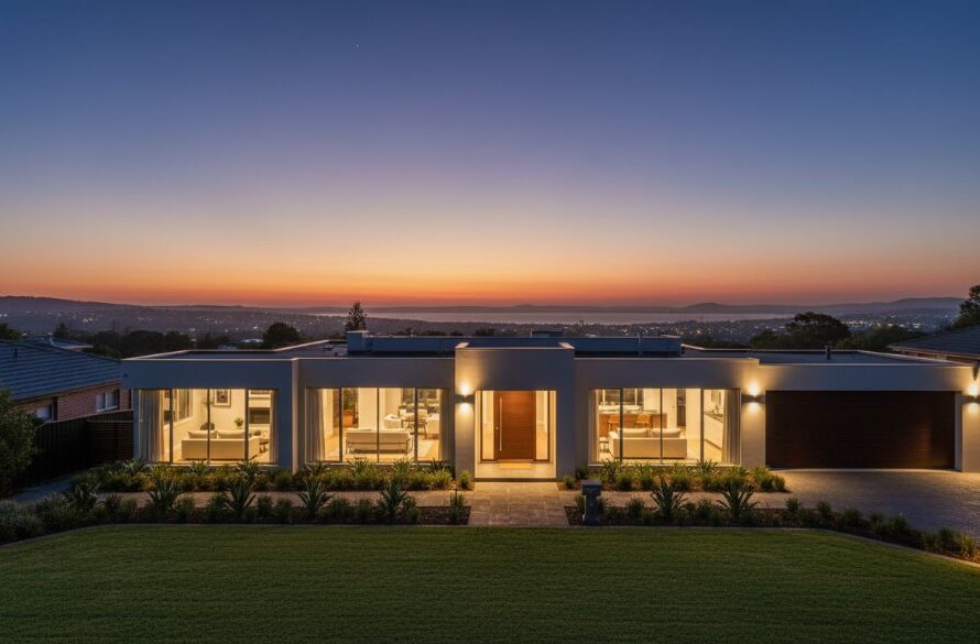 Dramatic wide-angle shot of a stunning modern home in Hamlyn Heights at twilight, showcasing its illuminated facade, meticulously manicured garden, and a clear evening sky, perfectly illustrating elevating Hamlyn Heights property listings with professional photography.