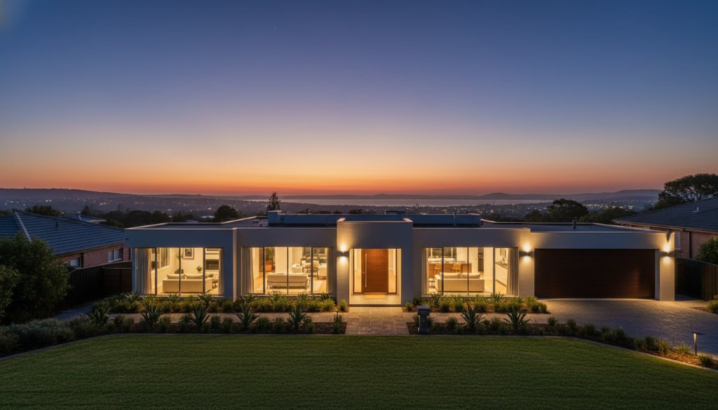 Dramatic wide-angle shot of a stunning modern home in Hamlyn Heights at twilight, showcasing its illuminated facade, meticulously manicured garden, and a clear evening sky, perfectly illustrating elevating Hamlyn Heights property listings with professional photography.