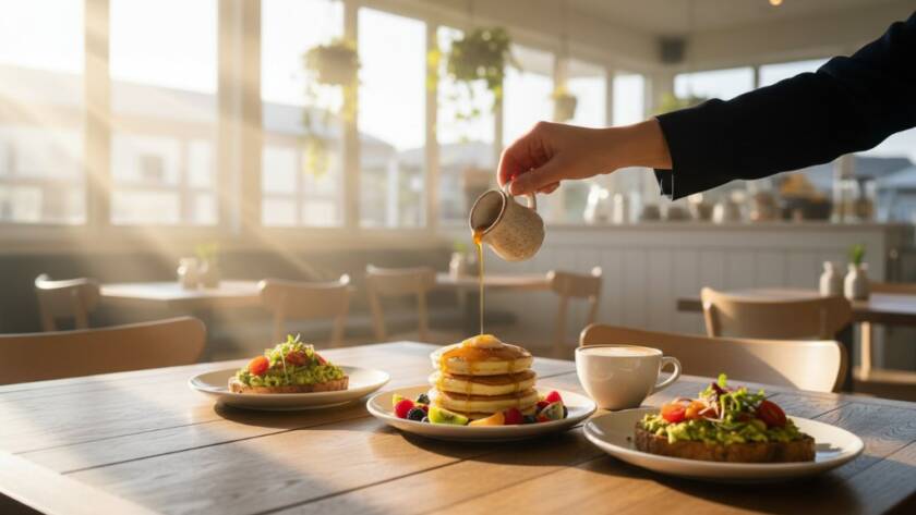 Dramatic overhead shot of a perfectly plated brunch dish, with a vibrant coffee art latte, on a rustic wooden table inside a sun-drenched Hampton cafe, showcasing the art of elevating Hampton cafe menus food photography with warm, inviting light.