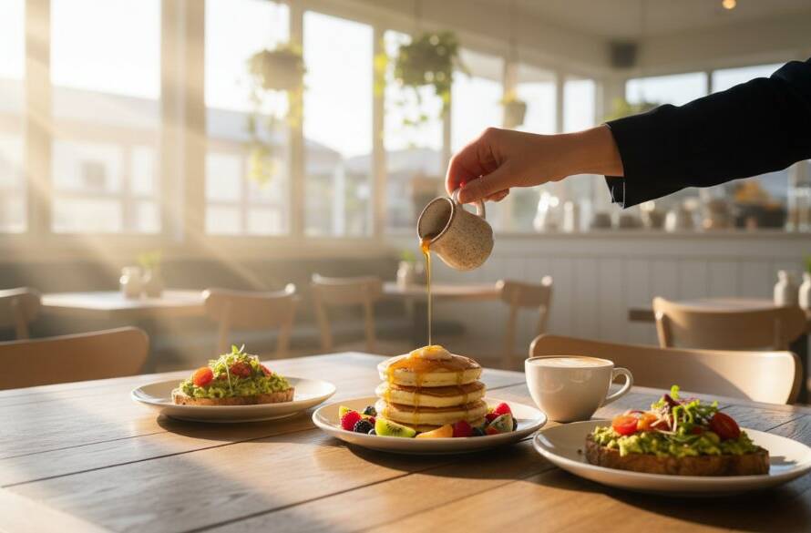 Dramatic overhead shot of a perfectly plated brunch dish, with a vibrant coffee art latte, on a rustic wooden table inside a sun-drenched Hampton cafe, showcasing the art of elevating Hampton cafe menus food photography with warm, inviting light.