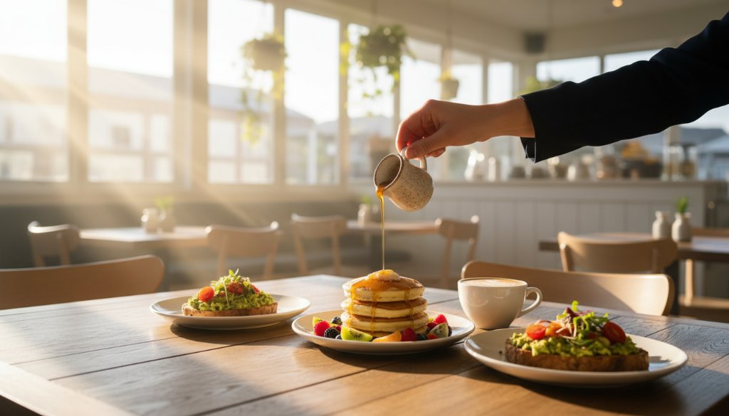 Dramatic overhead shot of a perfectly plated brunch dish, with a vibrant coffee art latte, on a rustic wooden table inside a sun-drenched Hampton cafe, showcasing the art of elevating Hampton cafe menus food photography with warm, inviting light.