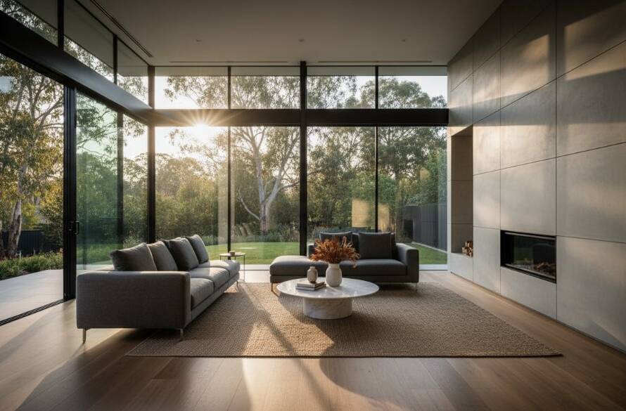 A wide-angle, cinematic photograph showcasing an immaculately staged modern home in Heatherdale, Victoria, bathed in golden hour sunlight streaming through large windows, highlighting the luxurious interior and garden. This image exemplifies elevating Heatherdale property listings with professional real estate photography, creating an aspirational feel for potential buyers.
