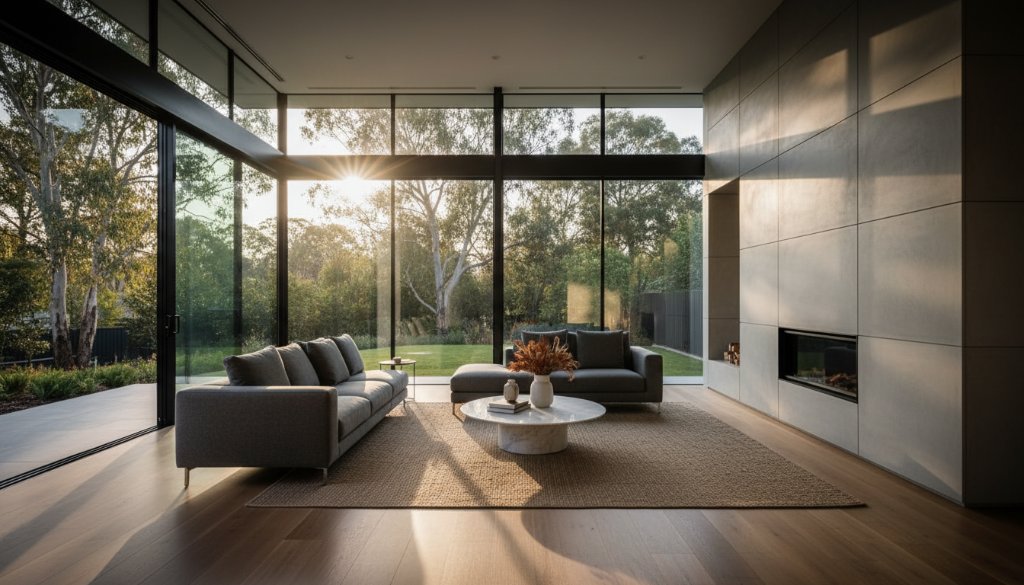 A wide-angle, cinematic photograph showcasing an immaculately staged modern home in Heatherdale, Victoria, bathed in golden hour sunlight streaming through large windows, highlighting the luxurious interior and garden. This image exemplifies elevating Heatherdale property listings with professional real estate photography, creating an aspirational feel for potential buyers.