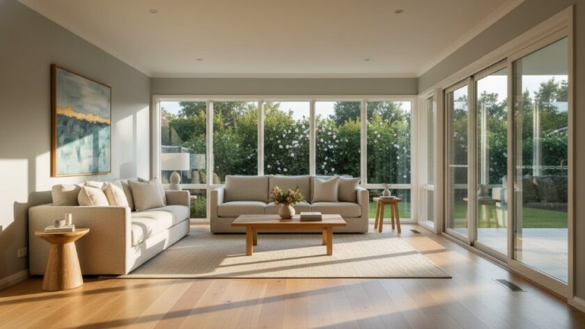 A dramatically lit, wide-angle photograph of a spacious, modern Herne Hill living room, showcasing natural light, high ceilings, and elegant staging, perfectly illustrating the impact of elevating Herne Hill property listings with professional real estate photography.