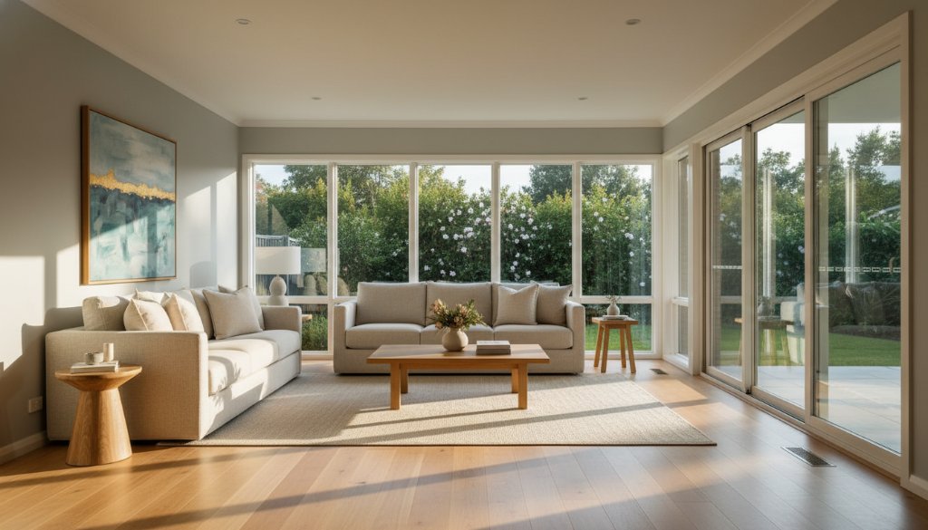 A dramatically lit, wide-angle photograph of a spacious, modern Herne Hill living room, showcasing natural light, high ceilings, and elegant staging, perfectly illustrating the impact of elevating Herne Hill property listings with professional real estate photography.