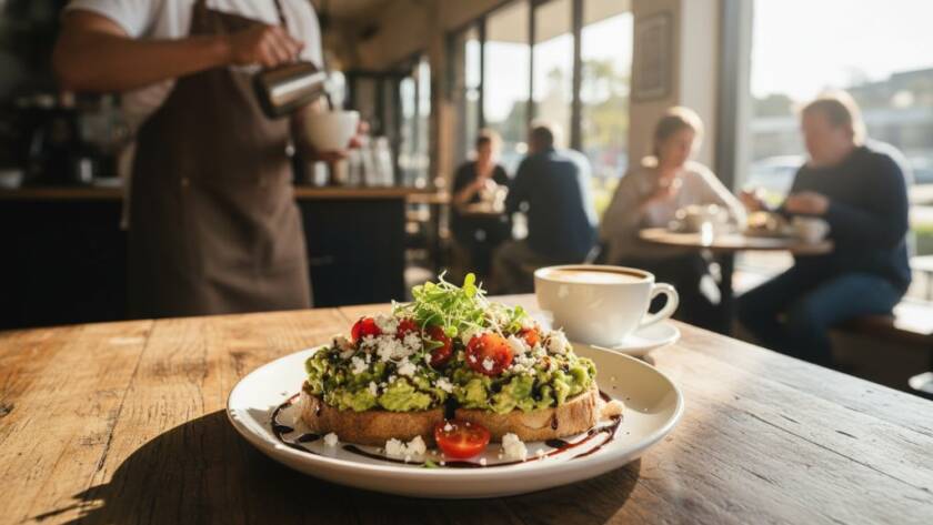 Dramatic, high-angle shot showcasing a beautifully plated artisanal brunch dish, possibly an avocado toast with poached eggs and edible flowers, under cinematic natural light spilling into a bustling Huntingdale cafe, capturing the vibrant atmosphere and the delicious detail, highlighting the artistry of elevating Huntingdale cafe menus food photography.