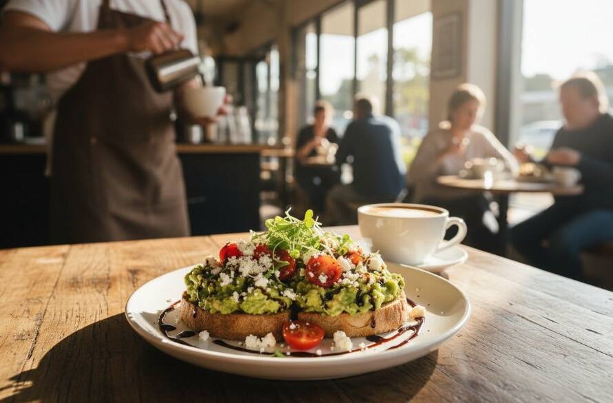 Dramatic, high-angle shot showcasing a beautifully plated artisanal brunch dish, possibly an avocado toast with poached eggs and edible flowers, under cinematic natural light spilling into a bustling Huntingdale cafe, capturing the vibrant atmosphere and the delicious detail, highlighting the artistry of elevating Huntingdale cafe menus food photography.