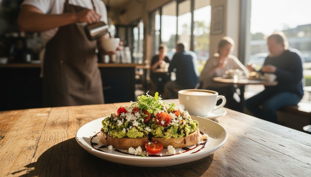 Dramatic, high-angle shot showcasing a beautifully plated artisanal brunch dish, possibly an avocado toast with poached eggs and edible flowers, under cinematic natural light spilling into a bustling Huntingdale cafe, capturing the vibrant atmosphere and the delicious detail, highlighting the artistry of elevating Huntingdale cafe menus food photography.
