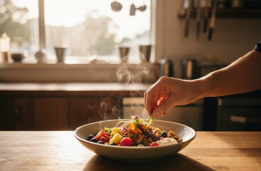 Dynamic, overhead shot showcasing a beautifully styled brunch spread at a bustling Keilor cafe, illuminated by soft natural light, highlighting the artistry in elevating Keilor cafe food photography with professional styling.