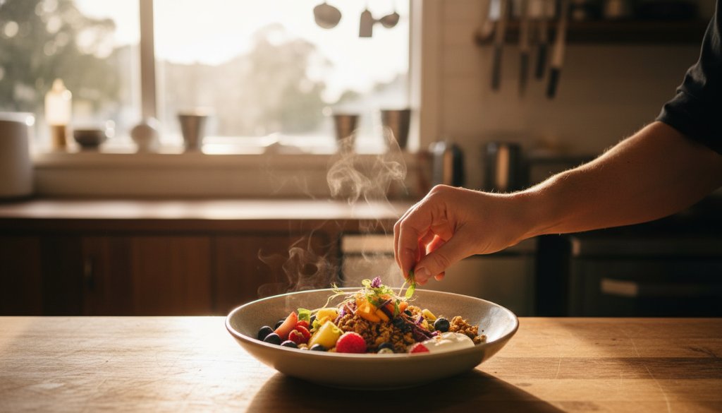 Dynamic, overhead shot showcasing a beautifully styled brunch spread at a bustling Keilor cafe, illuminated by soft natural light, highlighting the artistry in elevating Keilor cafe food photography with professional styling.