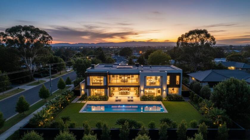 An epic, dusk aerial shot showcasing a beautifully lit modern home in Keysborough, Victoria, surrounded by lush green parks and a glimpse of the Dandenong Ranges in the distance, perfectly capturing 'Elevating Keysborough property appeal with professional real estate photography' with dramatic lighting and professional colour grading.
